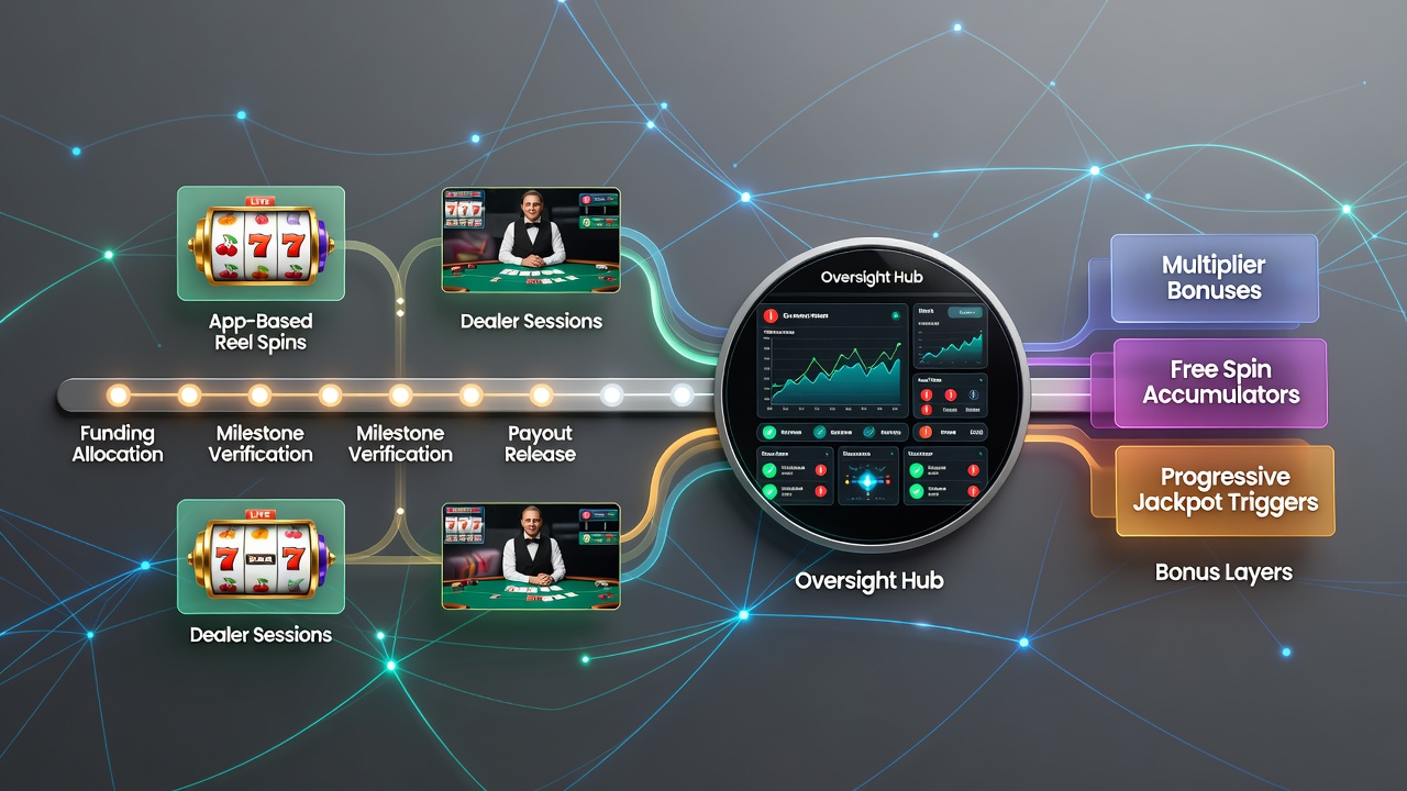 Illustration der Verknüpfung von Einzahlungszeitplänen und Überwachungstools in mobilen Casino-Apps mit Slot- und Live-Dealer-Elementen