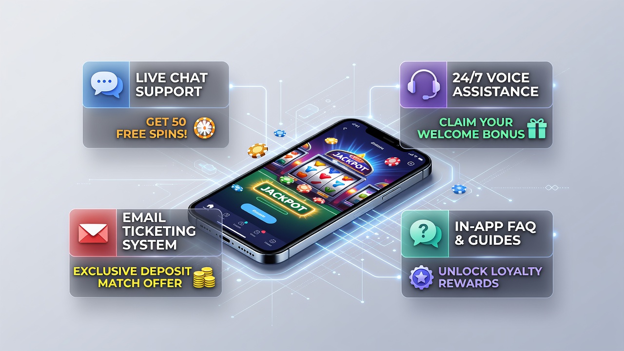 Übersicht über Kundenservice-Kanäle in mobilen Casino-Apps mit Fokus auf Chat-Integration und Werbeangebote