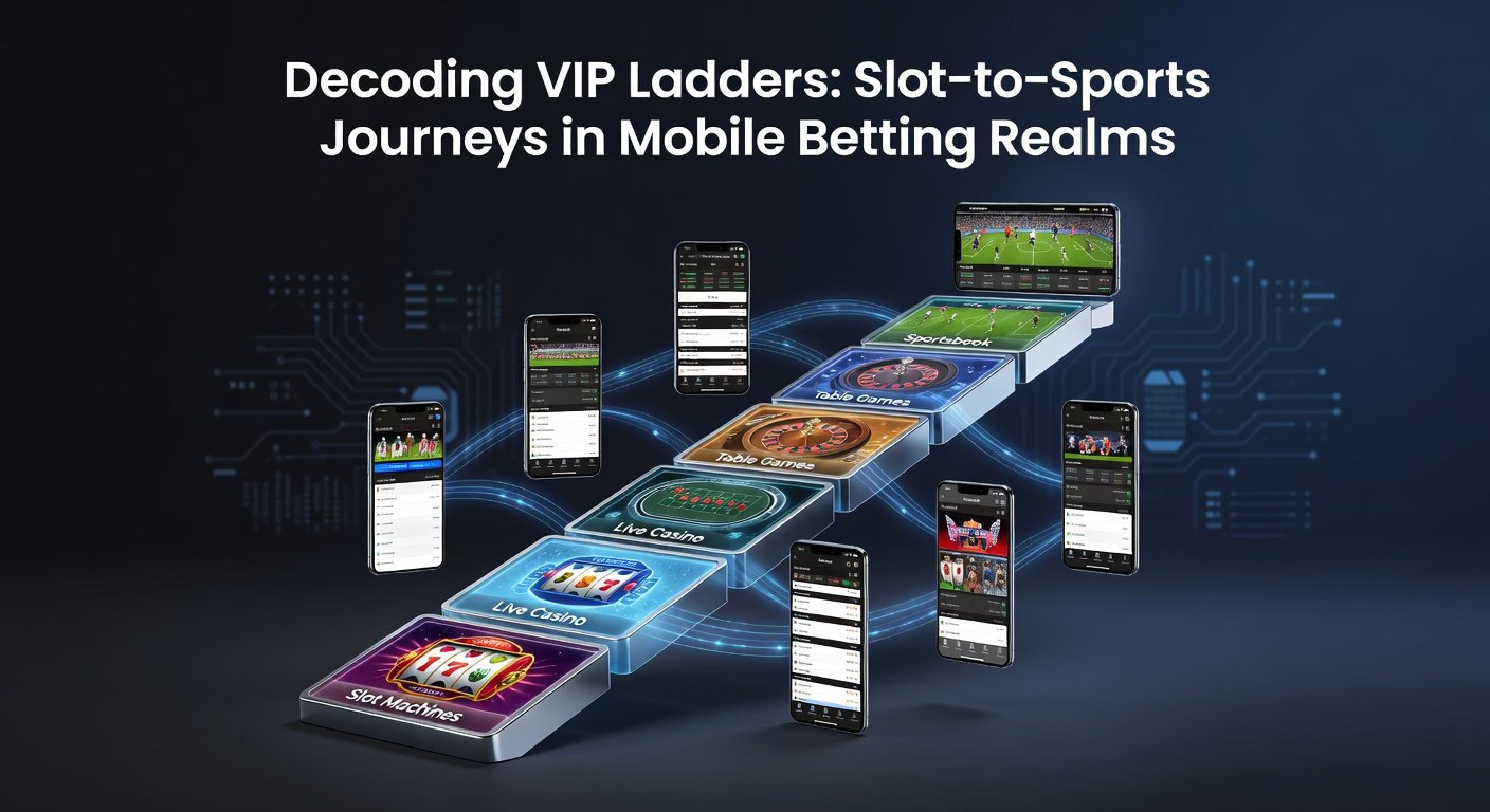 Grafik einer aufsteigenden VIP-Leiter mit Symbolen für Slots und Sportwetten auf einem Smartphone-Bildschirm