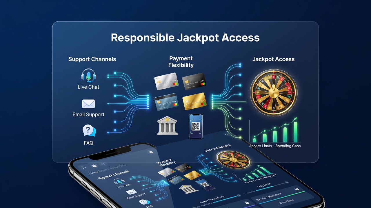 Illustration von Support-Integration und flexiblen Zahlungen in mobilen Slot- und Live-Tisch-Spielen