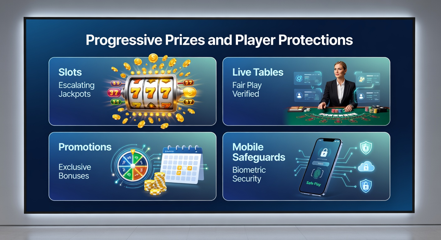 Live-Dealer-Tisch mit progressivem Jackpot-Anzeiger, umgeben von Mobile-Sicherheitssymbolen und Bonus-Icons
